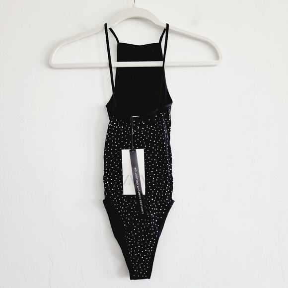 Zara Black Mesh Seamless Rhinestone Bodysuit Top size XS-Small - Picture 4 of 6